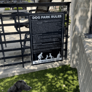 A Professional Rules & Wellness Sign - In-Ground Mount - Vertical Sign titled "Dog Park Rules" is mounted on a fence by an outdoor patio. Below, artificial grass displays a logo with a black dog and "Dog Park Outfitters" text.